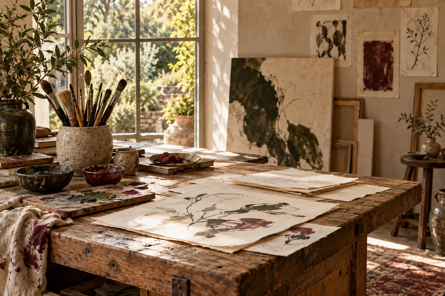 Materiais de ateliê em composição ilustrativa